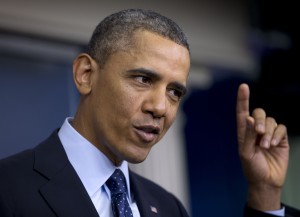 President Barack Obama gestures as he speaks to reporters in the White House briefing room in Washington, Friday, March 1, 2013, following a meeting with congressional leaders regarding the automatic spending cuts. (AP Photo/Carolyn Kaster)