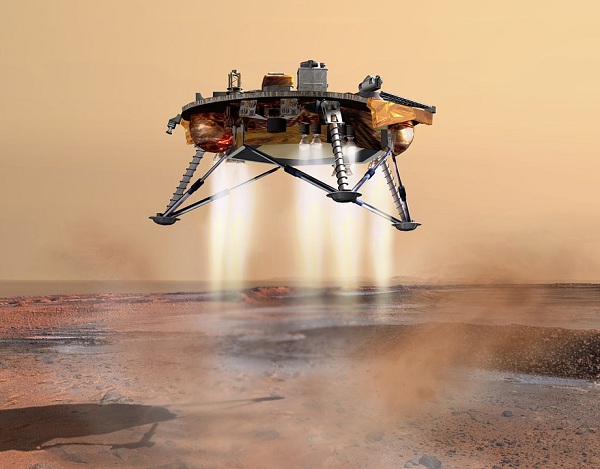 A spaceship lading on Mars