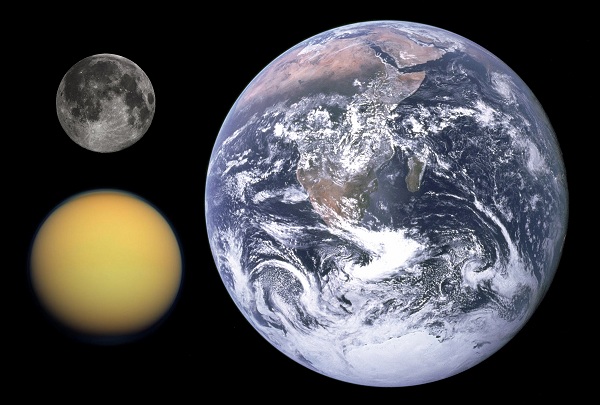Titan, Moon and Earth