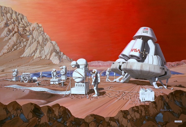 A drawing of astronauts on Mars