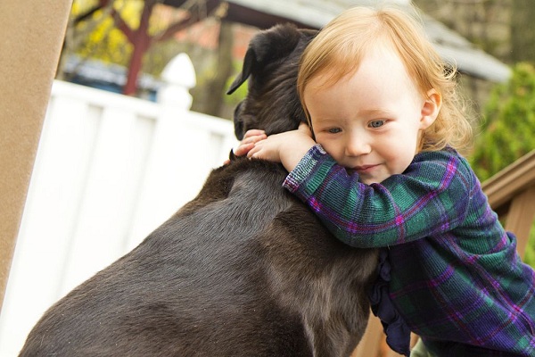 A little girl hugging a dog