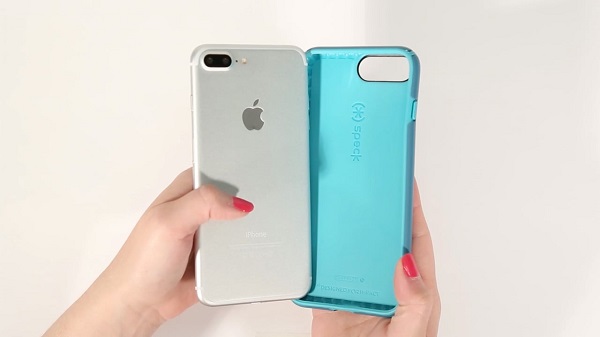 iPhone 7 with a blue case