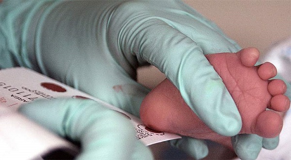 Medic drawing blood from newborn
