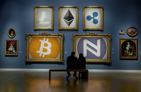 Cryptocurrency logos in fake art gallery