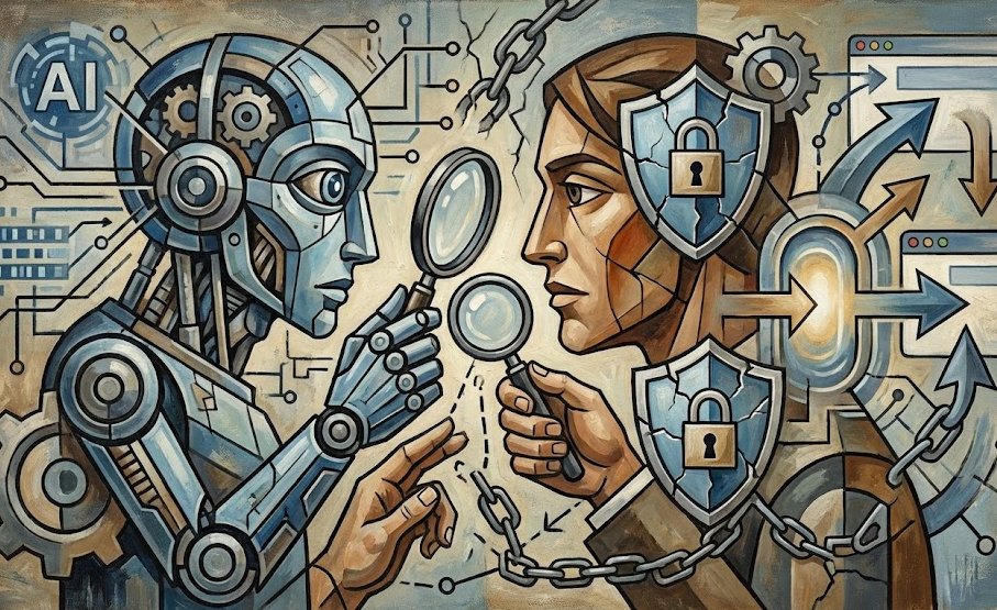 AI 로봇과 인간 전문가가 돋보기와 보안 방패를 들고 협력하여 웹사이트 연결과 안전을 검증하는 모습을 표현했습니다. 이는 주소모음 서비스의 실시간 업데이트 및 이중 검증 프로토콜을 상징합니다.