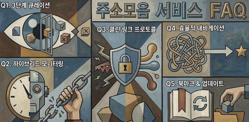 알트 텍스트 (Alt Text) 피카소 스타일의 입체파 화풍으로 표현된 FAQ 섹션 이미지입니다. 사용자의 질문을 상징하는 커다란 물음표와 명쾌한 해결책을 뜻하는 전구, 말풍선들이 기하학적인 형태로 어우러져 있습니다. 배경에는 견고한 방패(보안)와 시계(실시간)가 조각난 면들 속에 녹아들어 있어, 주소모음 서비스의 투명하고 안전한 운영 방식을 상징적으로 보여줍니다.