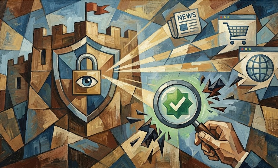 피카소 화풍(입체파)의 유화로 표현된 안전한 웹 브라우징 추상화입니다. 자물쇠와 눈이 그려진 방패 문양의 견고한 요새에서 빛이 뿜어져 나와 뉴스, 쇼핑, 전 세계 웹 아이콘을 비추고 있습니다. 전경에는 돋보기를 든 손이 녹색 인증 체크 표시를 검사하고 있으며, 그 주변으로 부서진 어두운 조각(위협 요소)들이 흩어져 있어 안전한 접속 환경이 구축되었음을 상징합니다.