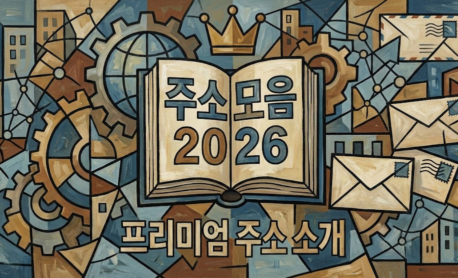 중앙에 펼쳐진 책에 '주소모음 2026'이라 적혀 있고 상단에는 왕관이 있습니다. 하단에는 '프리미엄 주소 소개' 텍스트가 있으며, 배경은 톱니바퀴, 지구본, 편지 봉투가 기하학적으로 연결된 복잡한 네트워크 형태로 표현되어 웹 정보의 연결성을 상징합니다.